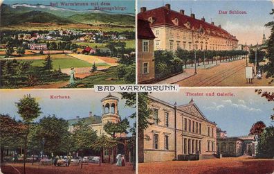 Kurhaus, Theater und Schloss Bad Warmbrunn Schlesien Panorama-Postkarte AK 1919