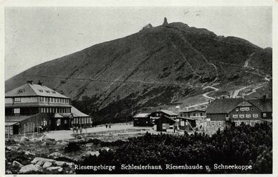 Riesengebirge Schlesierhaus Riesenbaude u. Schneekoppe Postkarte AK 1938