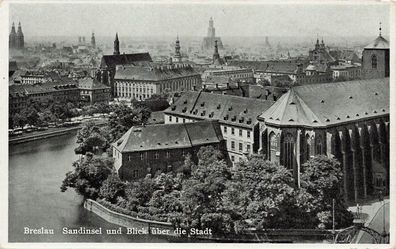 Sandinsel und Blick über die Stadt Breslau Schlesien Postkarte AK