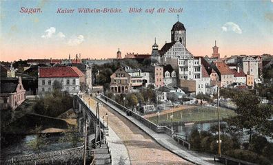 Sagan Kaiser Wilhelm - Brücke Blick auf die Stadt Postkarte