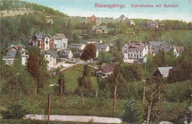 Schreiberhau mit Bahnhof Riesengebirge Schlesien Postkarte AK