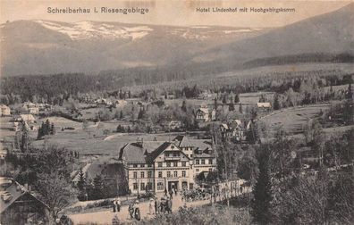 Schreiberhau i. Riesengebirge Hotel Lindenhof mit Hochgebirgskamm Postkarte AK