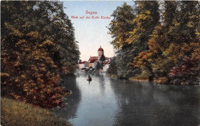 AK Sagan Schlesien Blick auf Kath. Kirche Postkarte 1922