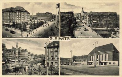 Bahnhof, Haus Oberschlesien u. Wilhelmstraße Gleiwitz Schlesien Postkarte AK