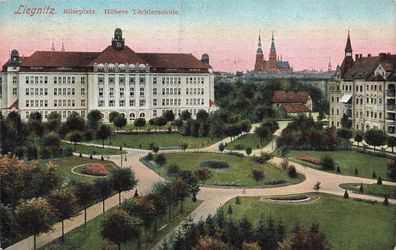 Bilseplatz mit Töchterschule in Liegnitz Legnica Schlesien Postkarte AK 1910