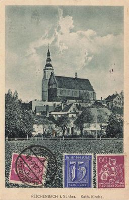 Blick auf Katholische Kirche in Reichenbach Schlesien Postkarte AK 1923