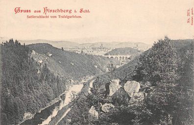 Gruss aus Hirschberg Schlesien Sattlerschlucht vom Trafalgarfelsen Postkarte