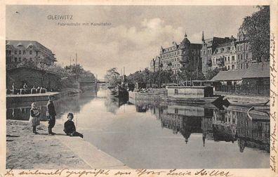 Gleiwitz Fabrikstrasse Kinder am Kanalhafen Postkarte 1912