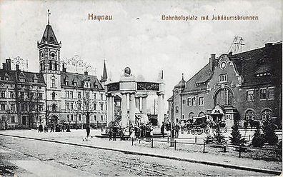 Haynau Schlesien Bahnhofplatz Jubiläumsbrunnen Pferdewagen Kinder Postkarte 1918