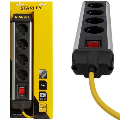 Stanley ALU Mehrfachstecker 4-Fach mit Schalter IP20 3m Kabel Steckdosenleiste