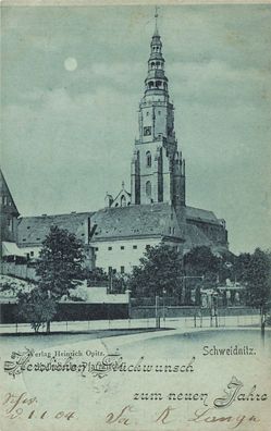 Katholische Pfarrkirche in Schweidnitz Schlesien Mondschein-Postkarte AK 1903