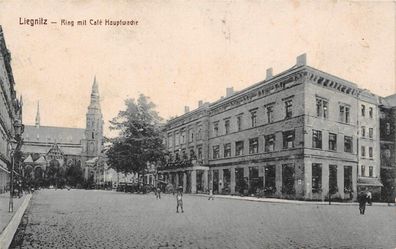 Liegnitz Schlesien Ring mit Cafe Hauptwache belebte Strasse Postkarte 1918