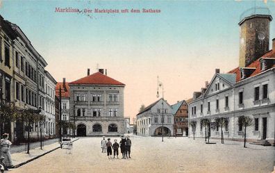 Marklissa Schlesien Kinder auf Marktplatz mit Rathaus Postkarte 1919