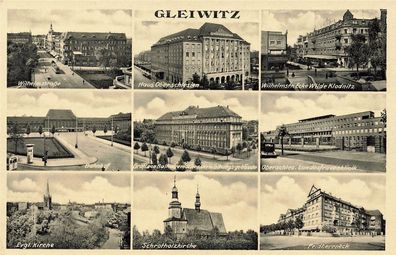 Panorama mit Bahnhof, Frauenklinik und Kirche Gleiwitz Schlesien Postkarte AK