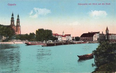 Oderpartie mit Blick auf die Stadt Oppeln Schlesien Postkarte AK