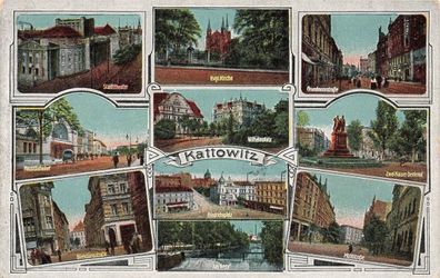 Panorama Stadttheater und Grundmannstraße Kattowitz Schlesien Postkarte AK 1917