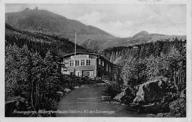 Riesengebirge, Melzergrundbaude m. Schneekappe, Fotopostkarte