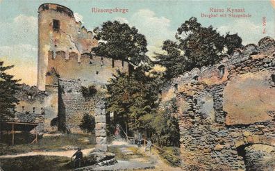 Riesengebirge Ruine Kynast Burghof mit Staupsäule Postkarte AK 1921