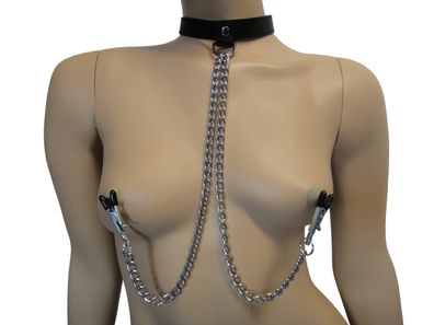 Leder Bondage Halsband mit Nippelklammern