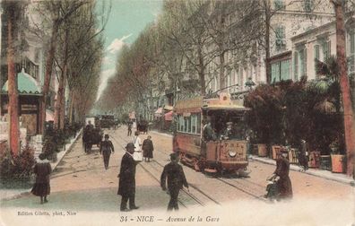 Avennue de la Gare mit Straßenbahn in Nice Frankreich Postkarte AK 1930