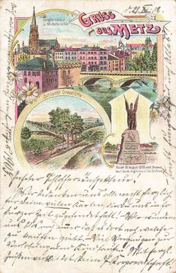 Denkmal, Schlucht Gravelotte, Jungfernwehr u. Mittelbrücke Metz Litho AK 1902