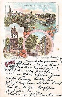 Gruss aus Metz St. Marcellenbrücke u. Liebesgarten Litho Postkarte AK 1901