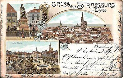 Straßburg Elsass Gutenberg Denkmal Kleber - Platz Litho 1899