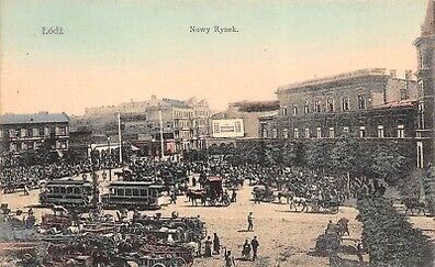 Lodz Nowy Rynek Strassenban Postkarte 1909