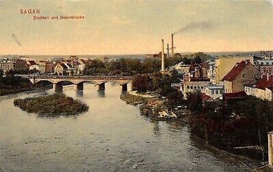 Sagan (Zagan) Stadtteil und Boberbrücke Postkarte 1908