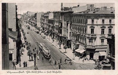 Straßenansicht mit Straßenbahn in Litzmannstadt Lódz Polen Postkarte AK 1941