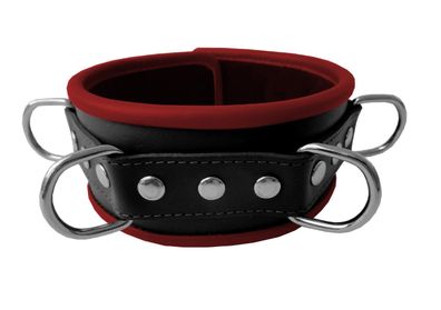 Leder Bondage Halsband gepolstert mit 4 Ringe rot