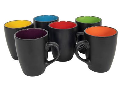 Porzellan Kaffeetasse 6er Set 340 ml - schwarz / farbig - Kaffee Becher Tee Tasse