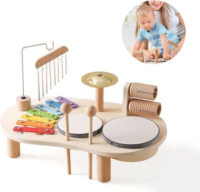 Schlagzeug Für Kinder aus Holz, 7-in-1 Musik Spielzeug, Montessori Instrument