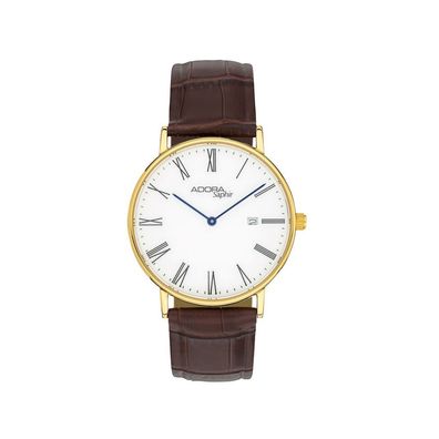 Adora Saphir Herrenuhr Ø39mm Lederband Edelstahlgehäuse gelbgoldfarben