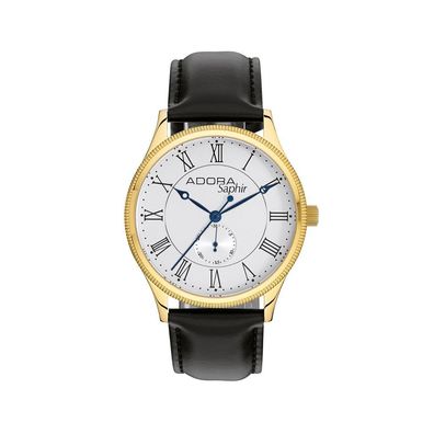 Adora Saphir Herrenuhr Ø42mm Lederband Edelstahlgehäuse gelbgoldfarben