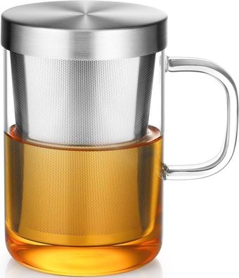 Ecooe 500 ml (volle Kapazität) Glas Tasse mit Silberne Edelstahl Sieb und Deckel