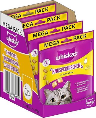 Whiskas Knuspertaschen Katzen-Snack mit Huhn– & Käsegeschmack, 4er Pack, 4x180g