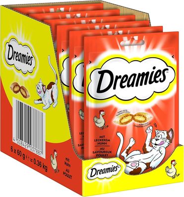 Dreamies Klassiker Katzensnacks mit Huhn – Traumhaft knusprige Taschen (6 x 60g)