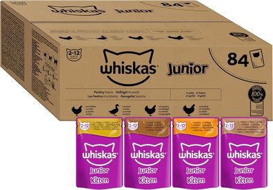 Whiskas Junior Katzen-Nassfutter Geflügel Auswahl in Gelee 84 Portionsbeutel 85g