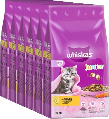 Whiskas Junior Katzentrockenfutter mit Huhn, 6 Beutel, 6 x 1,9kg – Trockenfutter