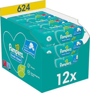 Pampers Fresh Clean Feuchttücher 12 Packungen (12 x 52 Stück), 624 Feuchttücher