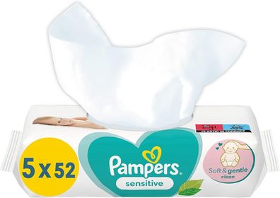 Pampers Sensitive Baby Feuchttücher 260 Tücher (5x52) ohne Duft weiche Reinigung