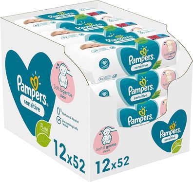 Pampers Sensitive Feuchttücher 12 Packungen (12 x 52 Stück), 624 Feuchttücher