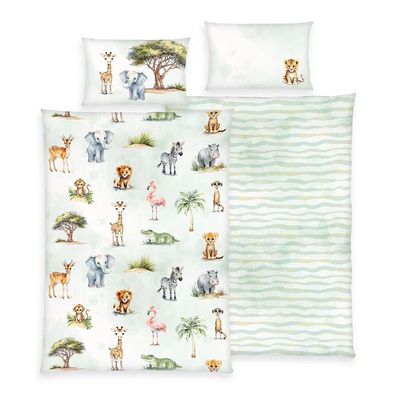 Herding Flanell Baby Kinder Bettwäsche Safari Zoo Tiere blau-grün 100x135 cm