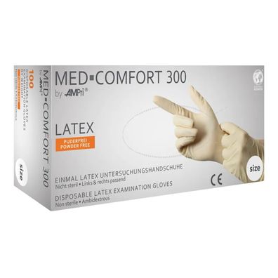 10x MED-COMFORT 300, Latex-Untersuchungshandschuh, puderfrei, weiß, Gr. M | Box (100