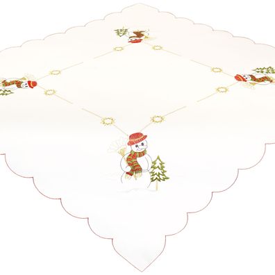 Tischdecke Weihnachten 85x85 Schneemann Mitteldecke Winter Bestickt Weihnachtsdecke