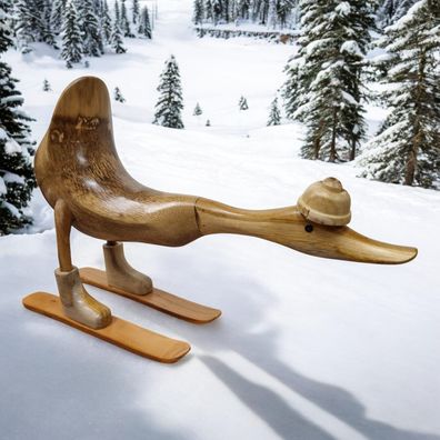 Bambus Holz Deko Ente Ski Fahrer Dekoration Enten Winter Weihnachten Massivholz