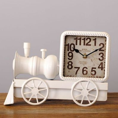 DESIGN METALL Tischuhr Loco Vintage-weiss Lokomotive UHR RETRO Arbeitstischuhr ANTIK