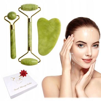 Jadeite TWIN Massage SET 2x ROLLER+GUA SHA