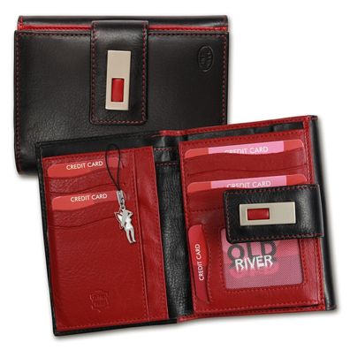 Old River Echt-Leder Geldbörse Unisex Portemonnaie schwarz rot 11x3x14cm OPD701S